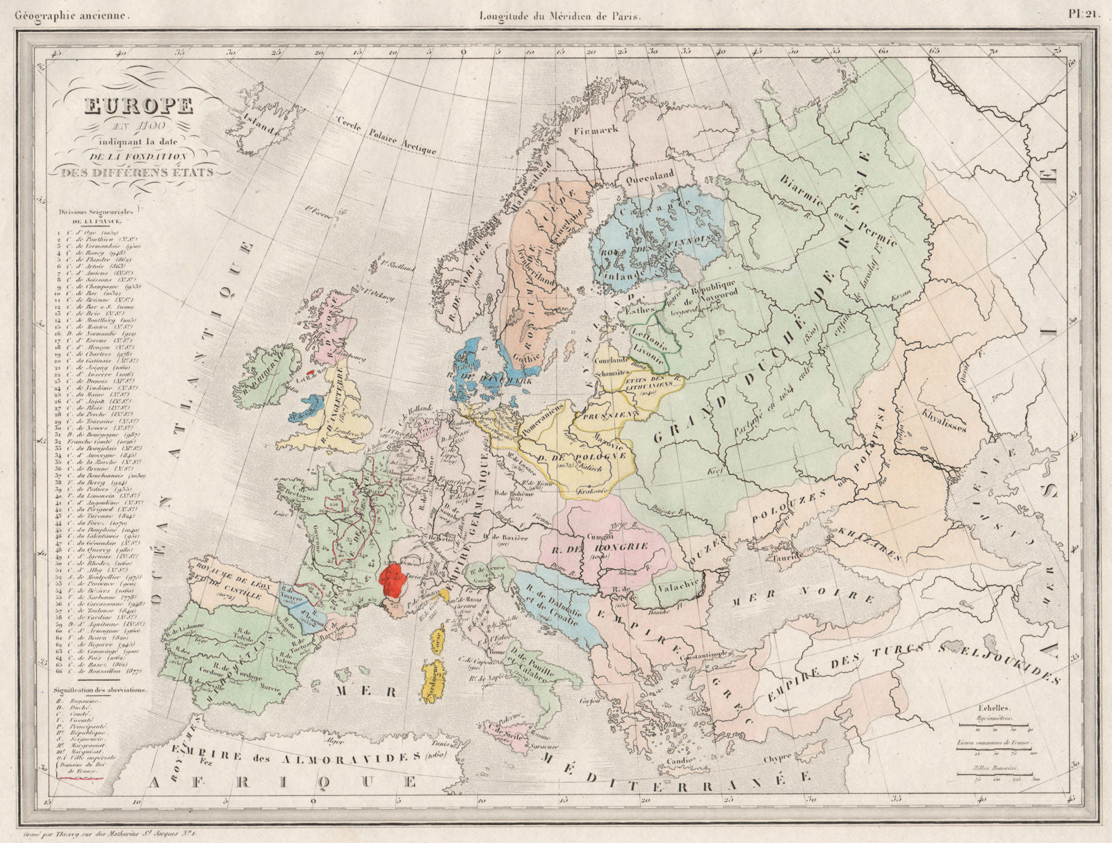 EUROPE IN 1100. showing date of foundation of each state. MALTE-BRUN c1846 map